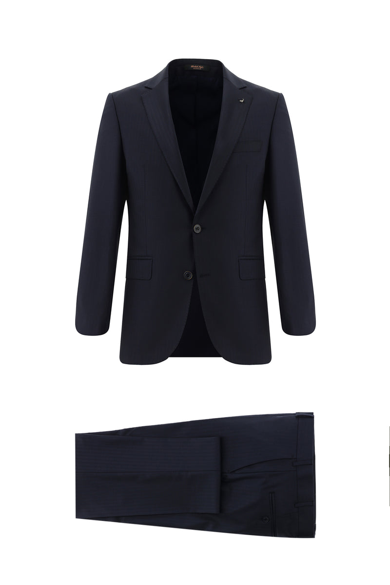 Koyu Lacivert Regular Fit Yünlü Klasik Çizgili Takım Elbise