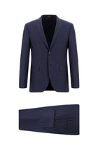 Orta Lacivert Super Slim Fit Ekstra Dar Kesim Yünlü Klasik Desenli Takım Elbise