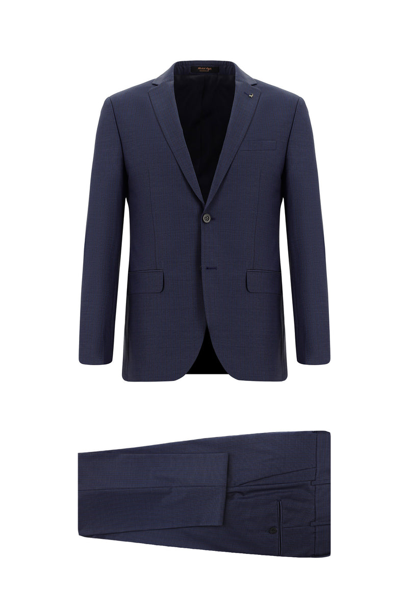 Orta Lacivert 7 Drop Super Slim Fit Eksra Dar Kesim Yünlü Desenli Tak?m Elbise-Abdullah Ki??l?