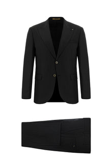 Siyah Slim Fit Dar Kesim Yünlü Klasik Çizgili Takım Elbise