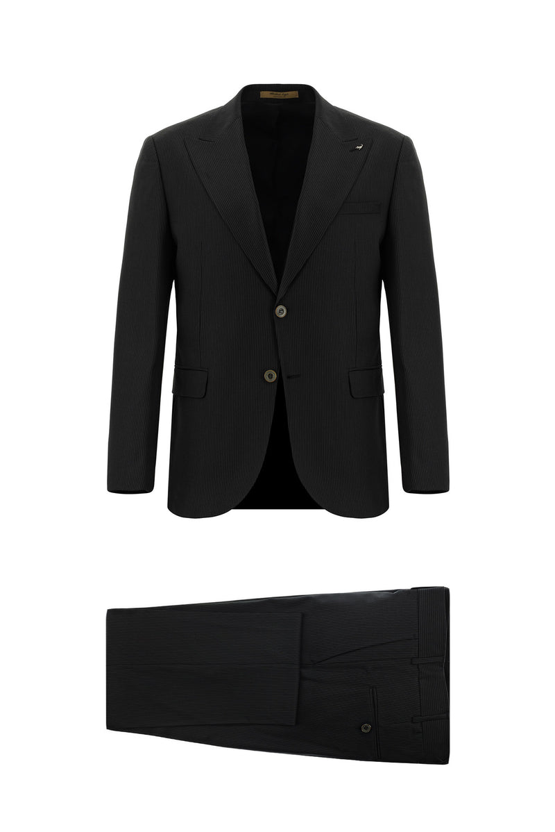 Siyah Slim Fit Dar Kesim Yünlü Klasik Çizgili Takım Elbise
