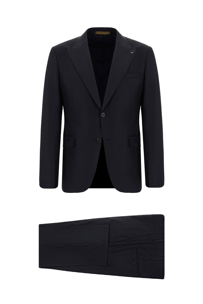 Koyu Lacivert Slim Fit Dar Kesim Yünlü Klasik Çizgili Takım Elbise