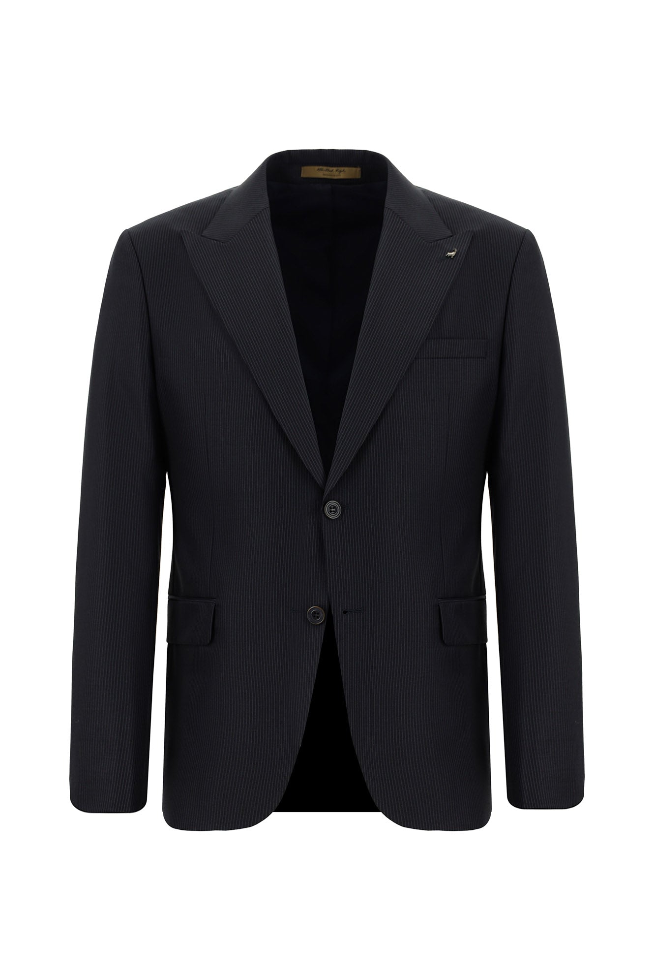 Koyu Lacivert Slim Fit Dar Kesim Yünlü Klasik Çizgili Takım Elbise