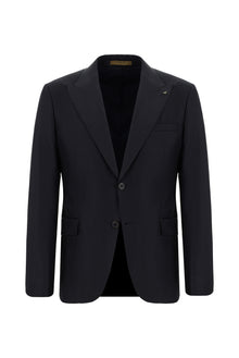 Koyu Lacivert Slim Fit Dar Kesim Yünlü Klasik Çizgili Takım Elbise