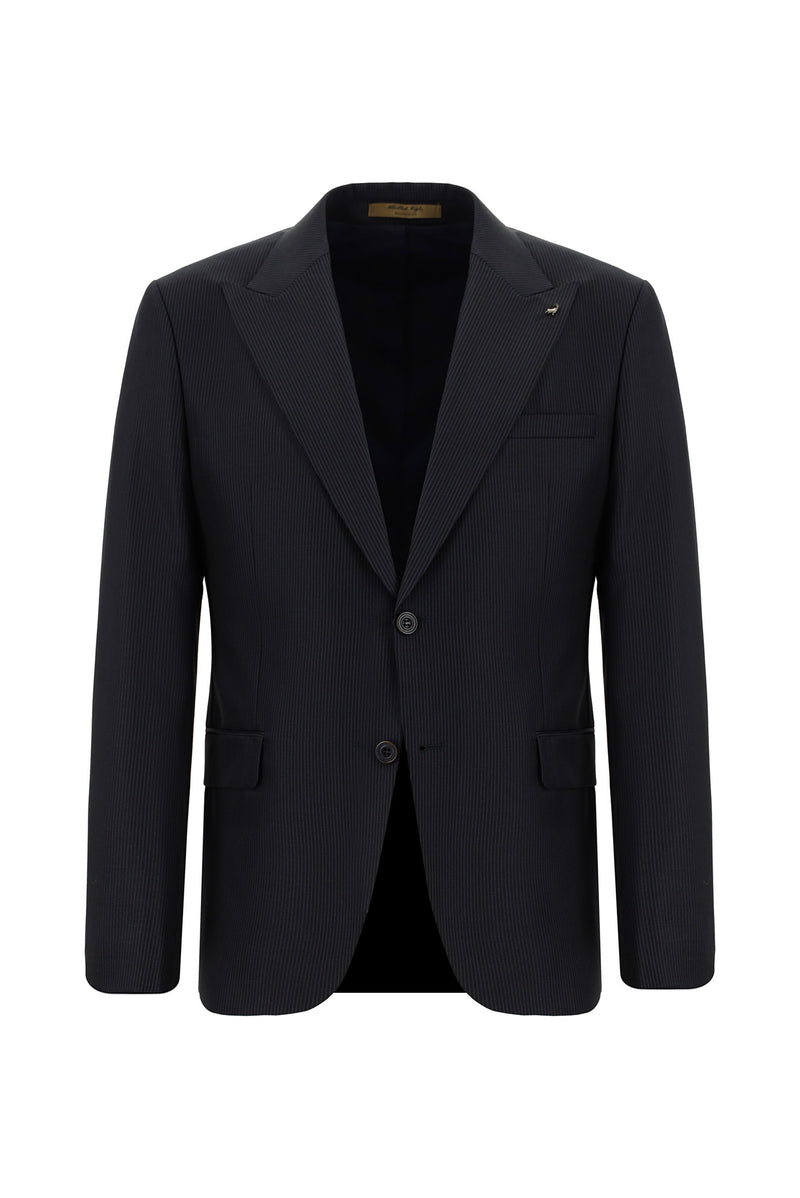 Koyu Lacivert Slim Fit Dar Kesim Yünlü Klasik Çizgili Takım Elbise