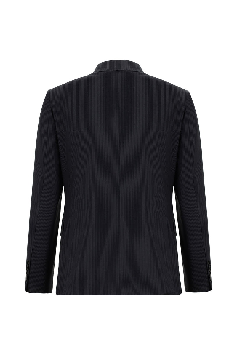 Koyu Lacivert Slim Fit Dar Kesim Yünlü Klasik Çizgili Takım Elbise