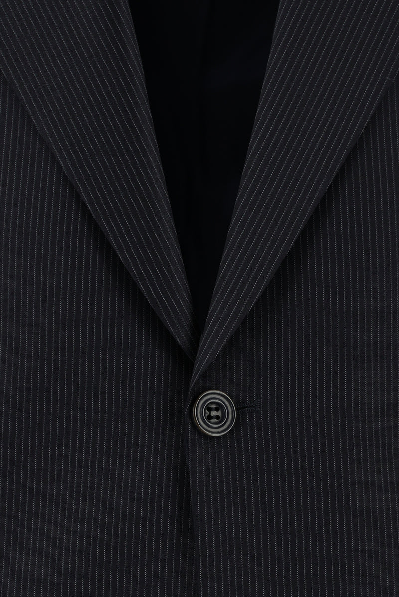 Koyu Lacivert Slim Fit Dar Kesim Yünlü Klasik Çizgili Takım Elbise