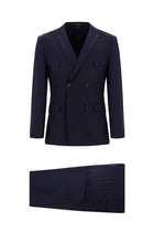 Koyu Lacivert Super Slim Fit Ekstra Dar Kesim Çizgili Yünlü Kruvaze Takım Elbise