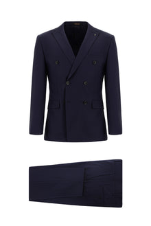 Koyu Lacivert Super Slim Fit Ekstra Dar Kesim Çizgili Yünlü Kruvaze Takım Elbise