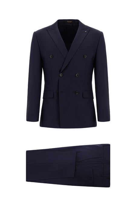 Koyu Lacivert Super Slim Fit Ekstra Dar Kesim Çizgili Yünlü Kruvaze Takım Elbise