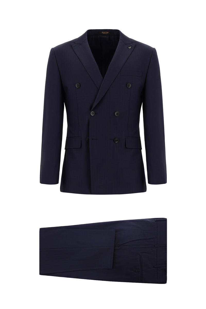 Koyu Lacivert Super Slim Fit Ekstra Dar Kesim Çizgili Yünlü Kruvaze Takım Elbise