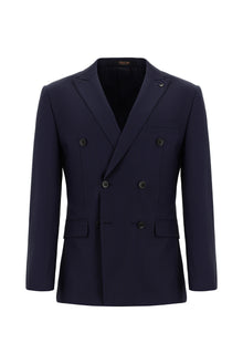 Koyu Lacivert Super Slim Fit Ekstra Dar Kesim Çizgili Yünlü Kruvaze Takım Elbise