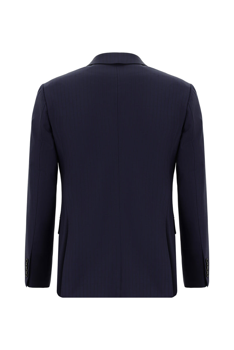 Koyu Lacivert Super Slim Fit Ekstra Dar Kesim Çizgili Yünlü Kruvaze Takım Elbise