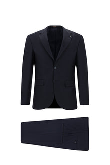 Koyu Lacivert Slim Fit Dar Kesim Klasik Çizgili Yünlü Takım Elbise