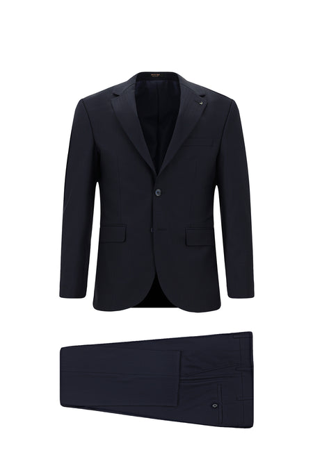 Koyu Lacivert Slim Fit Dar Kesim Klasik Çizgili Yünlü Takım Elbise