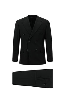 Siyah Regular Fit Flex Suit Yünlü Çizgili Kruvaze Takım Elbise