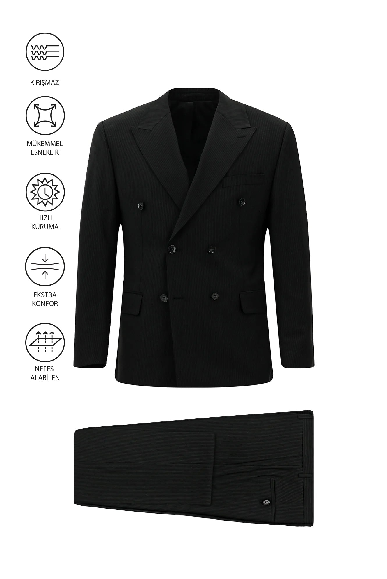 Siyah Regular Fit Flex Suit Yünlü Çizgili Kruvaze Çantalı Takım Elbise