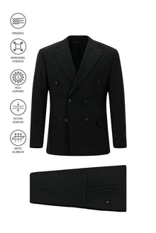 Siyah Regular Fit Flex Suit Yünlü Çizgili Kruvaze Çantalı Takım Elbise