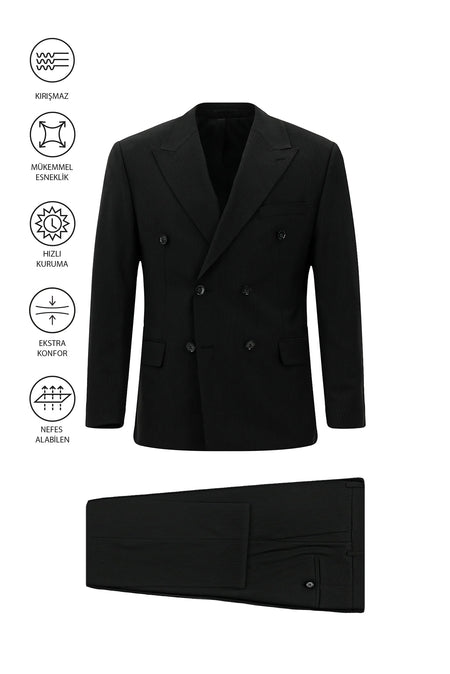 Siyah Regular Fit Flex Suit Yünlü Çizgili Kruvaze Çantalı Takım Elbise