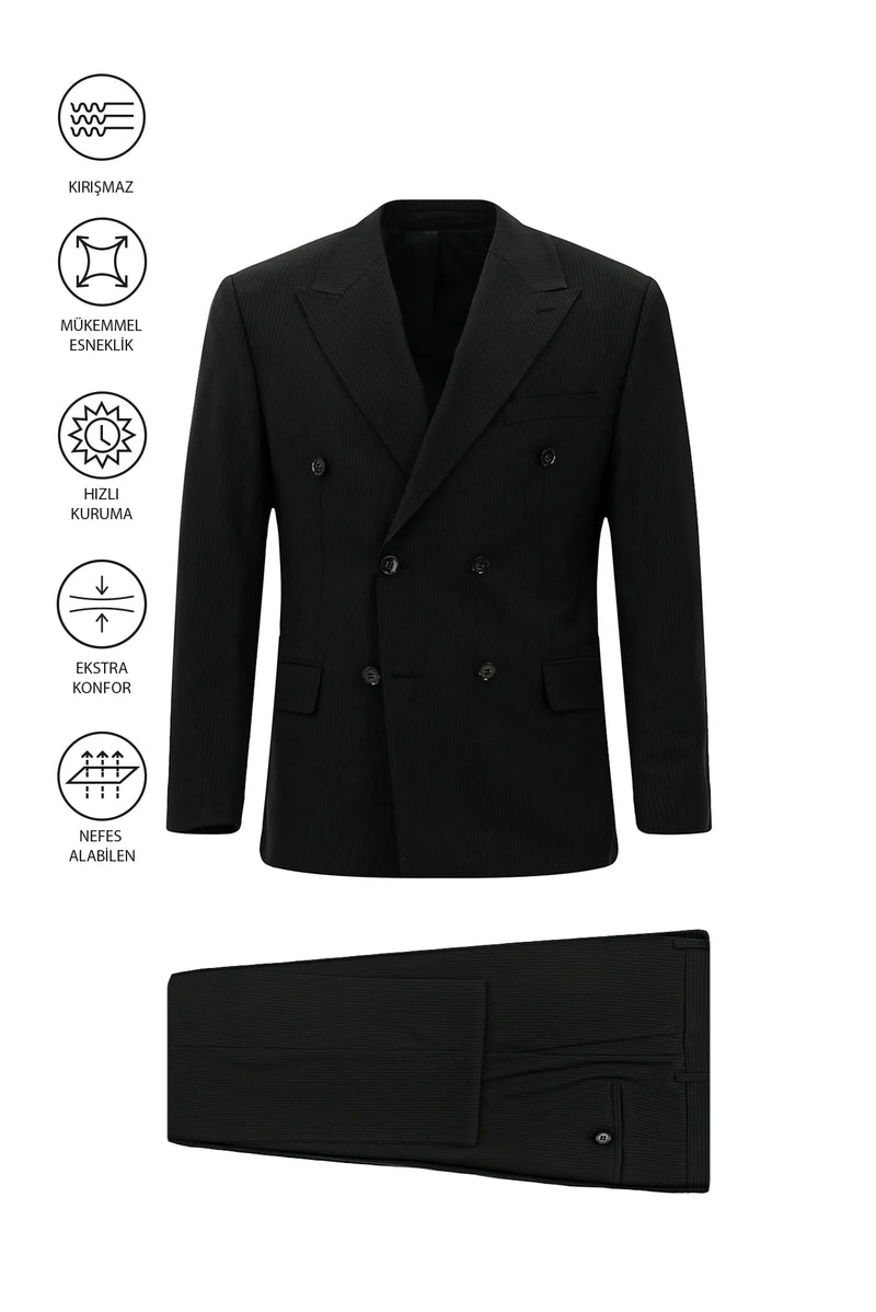 Siyah Regular Fit Flex Suit Yünlü Çizgili Kruvaze Çantalı Takım Elbise
