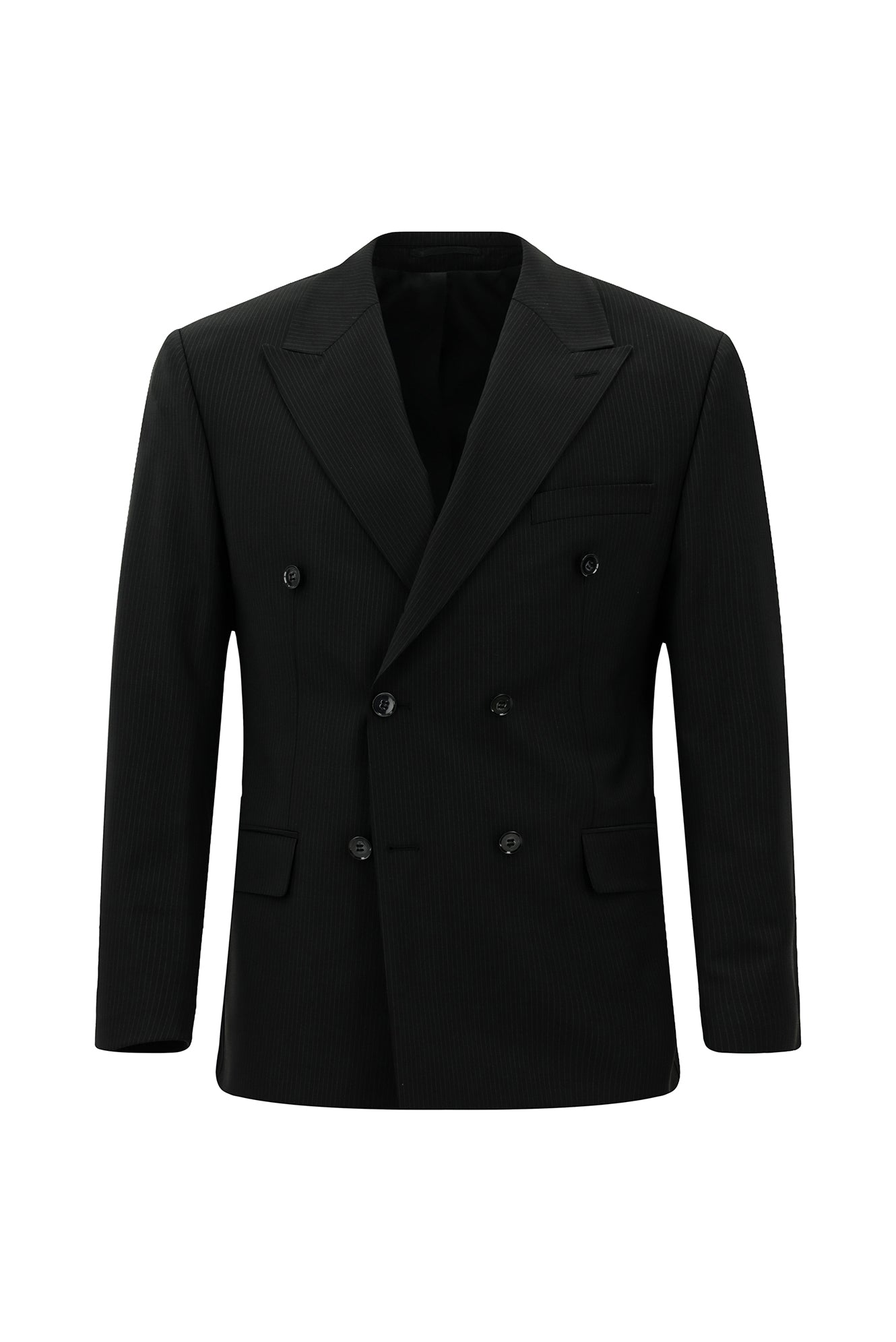 Siyah Regular Fit Flex Suit Yünlü Çizgili Kruvaze Çantalı Takım Elbise