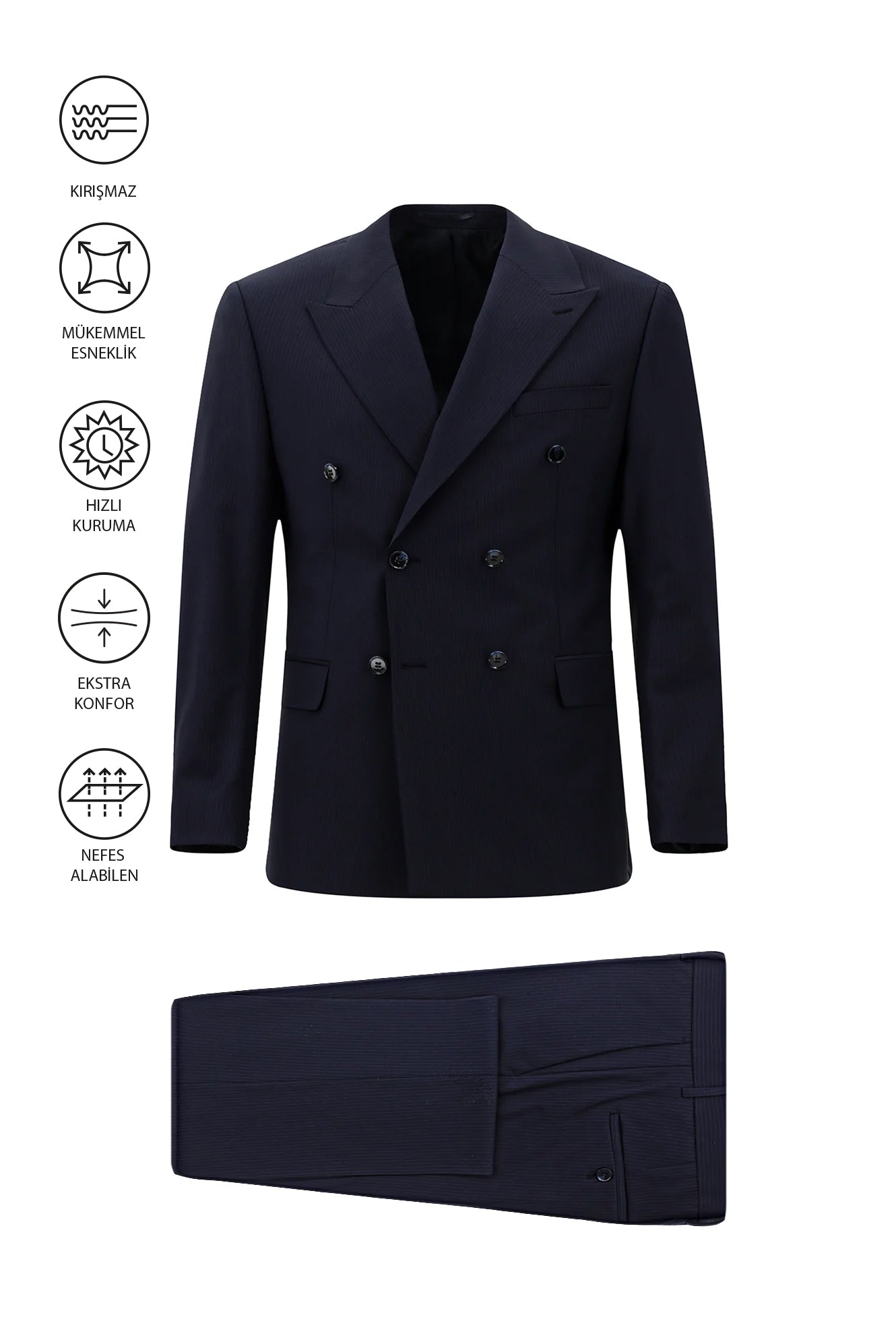 Koyu Lacivert Regular Fit Flex Suit Yünlü Çizgili Kruvaze Çantalı Takım Elbise