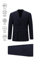 Koyu Lacivert Regular Fit Flex Suit Yünlü Çizgili Kruvaze Çantalı Takım Elbise