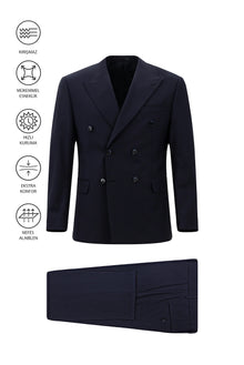 Koyu Lacivert Regular Fit Flex Suit Yünlü Çizgili Kruvaze Çantalı Takım Elbise