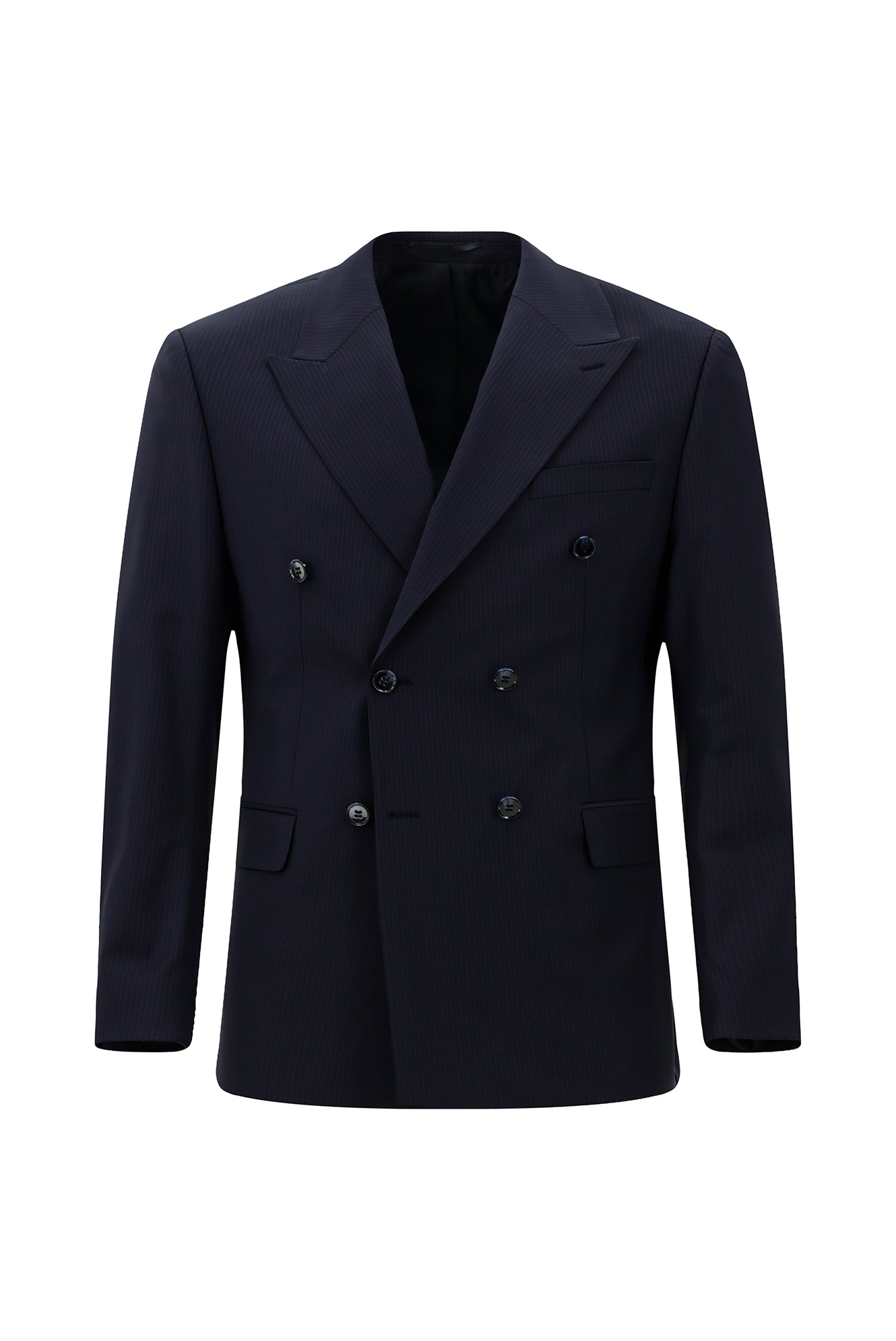 Koyu Lacivert Regular Fit Flex Suit Yünlü Çizgili Kruvaze Çantalı Takım Elbise