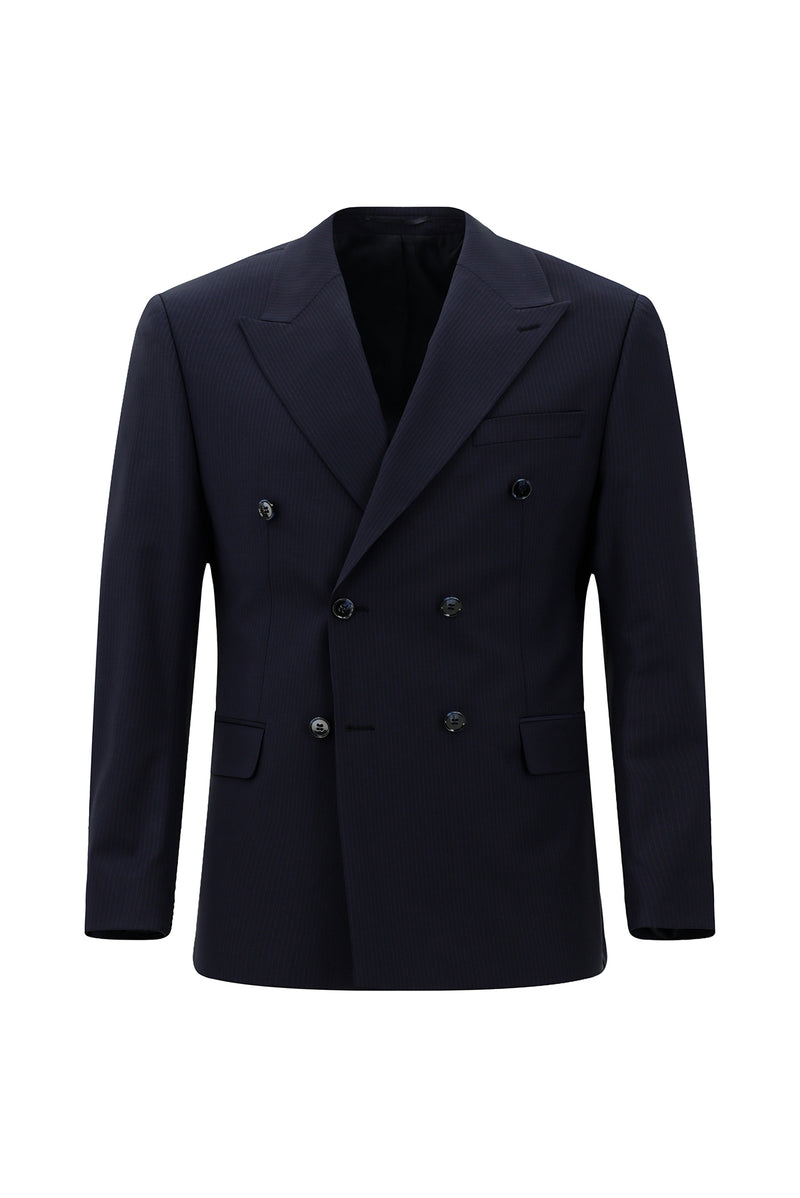 Koyu Lacivert Regular Fit Flex Suit Yünlü Çizgili Kruvaze Çantalı Takım Elbise