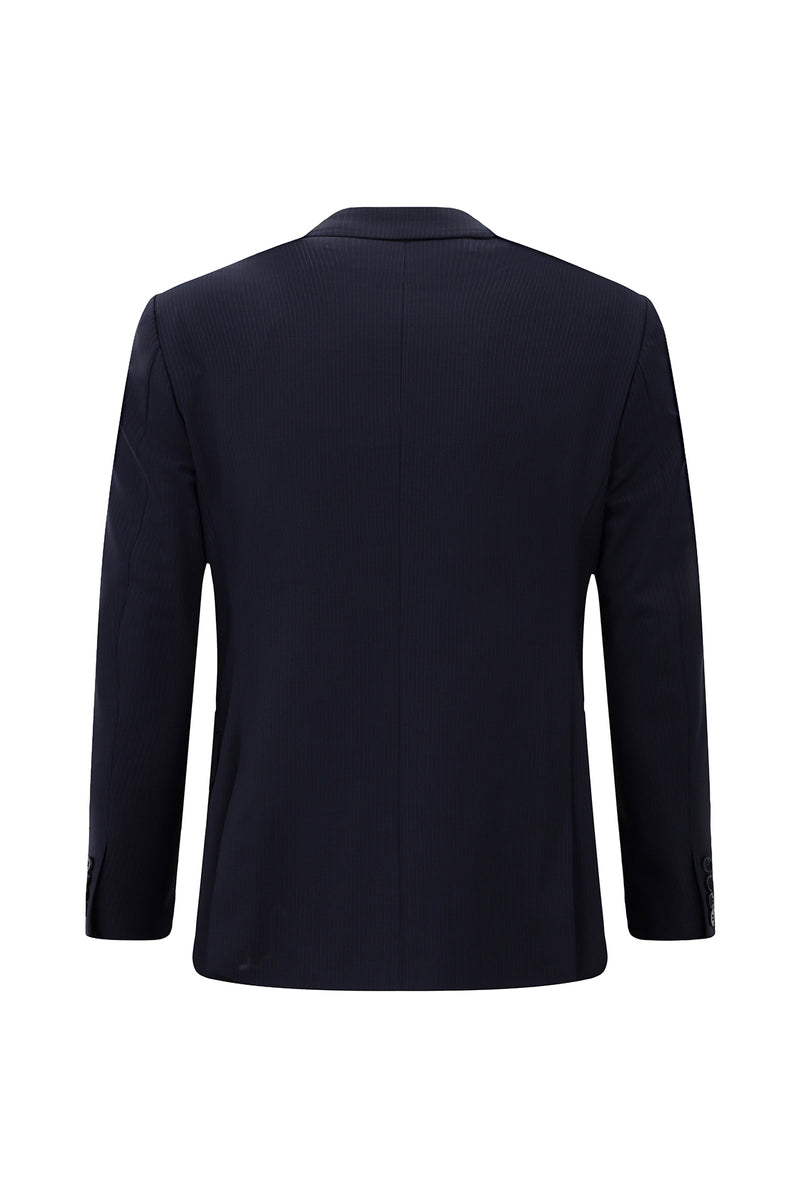 Koyu Lacivert Regular Fit Flex Suit Yünlü Çizgili Kruvaze Çantalı Takım Elbise