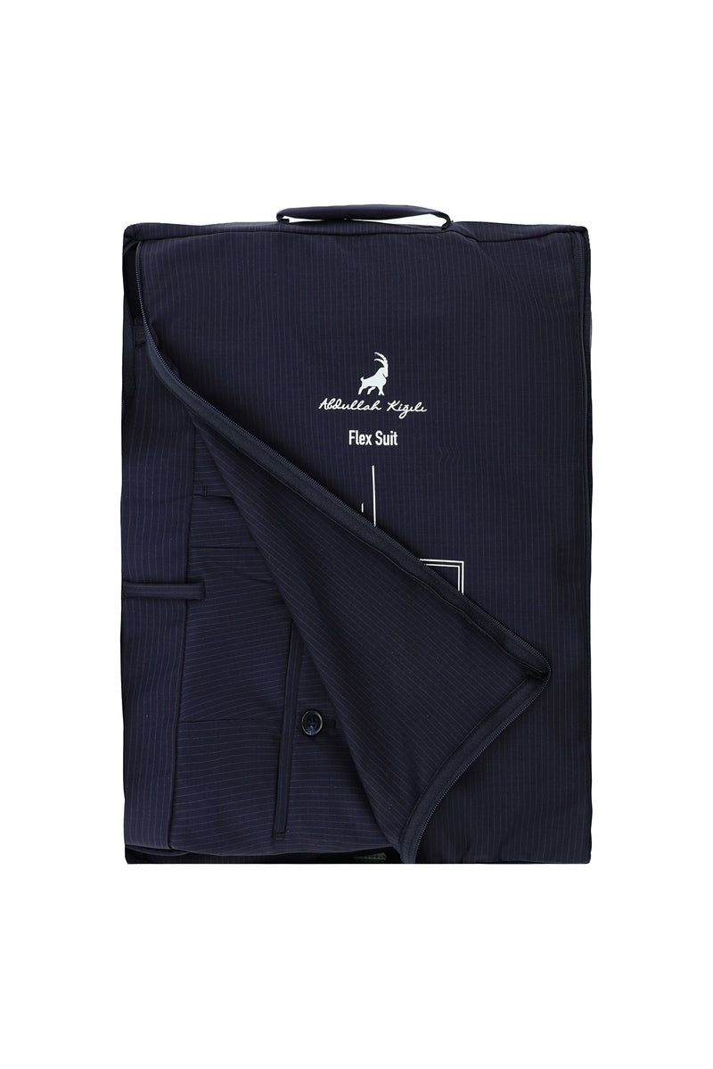 Koyu Lacivert Regular Fit Flex Suit Yünlü Çizgili Kruvaze Çantalı Takım Elbise