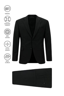 Siyah Regular Fit Flex Suit Yünlü Çizgili Klasik Çantalı Takım Elbise