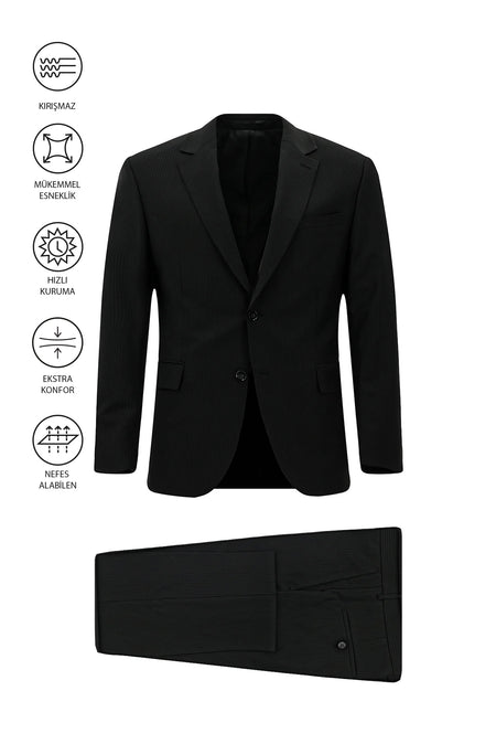 Siyah Regular Fit Flex Suit Yünlü Çizgili Klasik Çantalı Takım Elbise