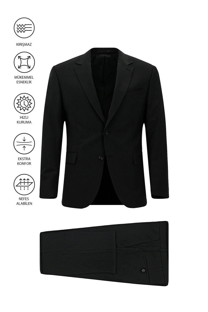 Siyah Regular Fit Flex Suit Yünlü Çizgili Klasik Çantalı Takım Elbise