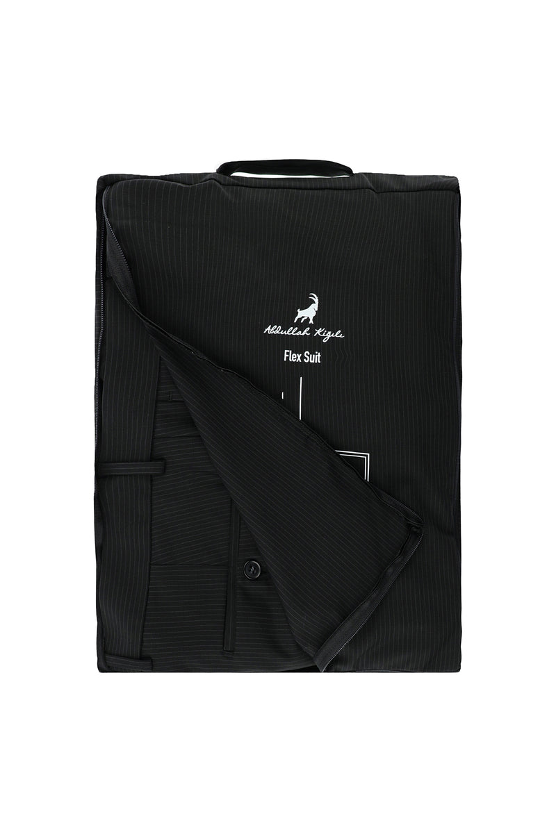 Siyah Regular Fit Flex Suit Yünlü Çizgili Klasik Çantalı Takım Elbise