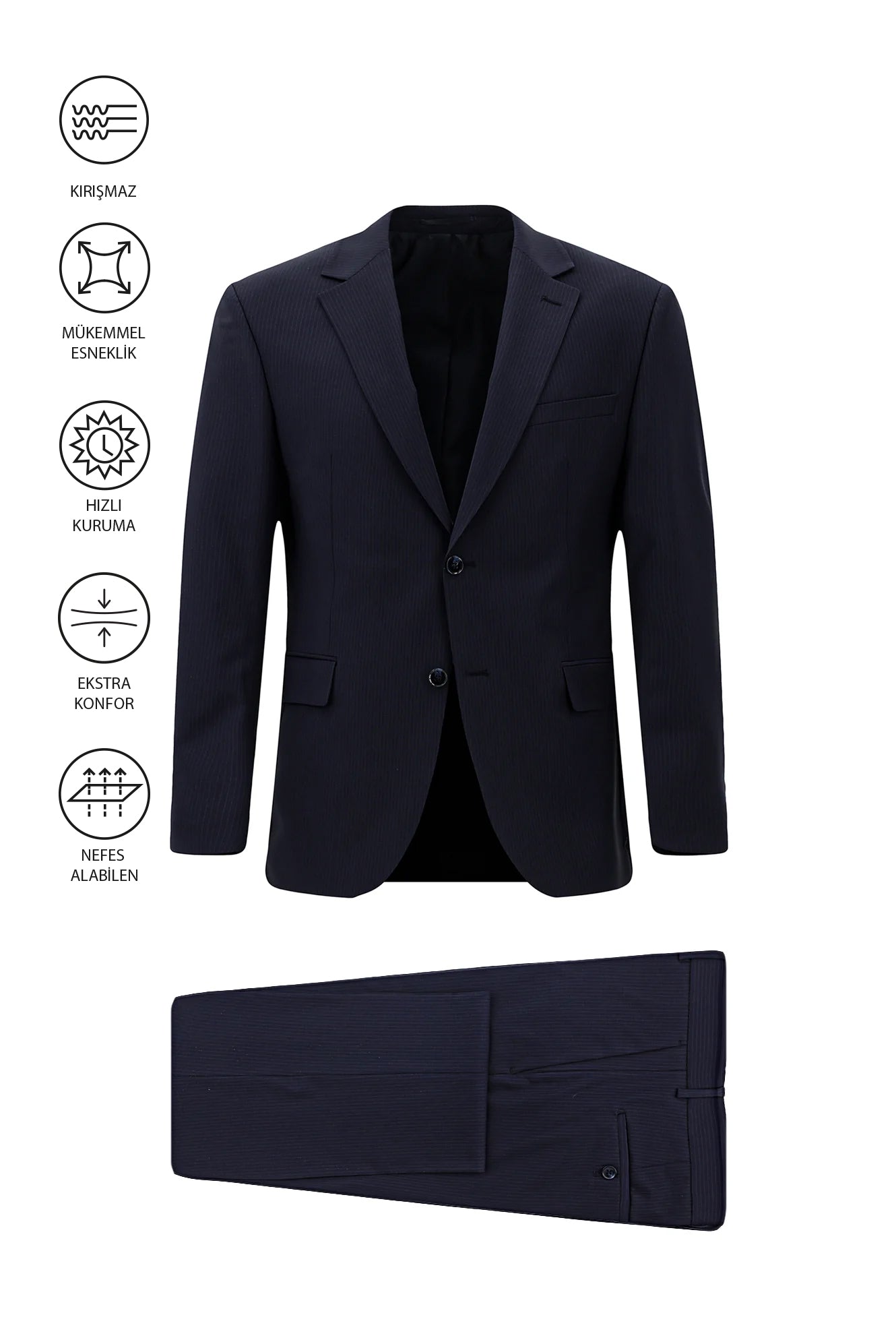Koyu Lacivert Muscle Fit Flex Suit Yünlü Çizgili Klasik Çantalı Takım Elbise