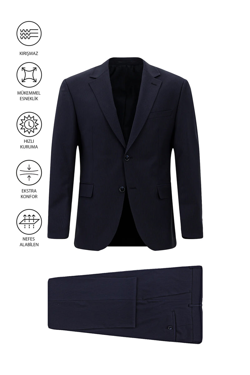 Koyu Lacivert Muscle Fit Flex Suit Yünlü Çizgili Klasik Çantalı Takım Elbise