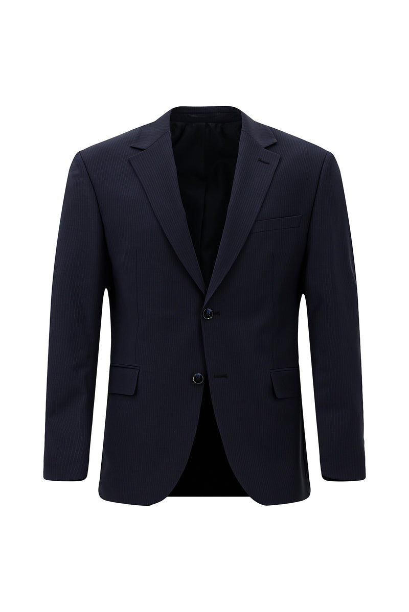Koyu Lacivert Muscle Fit Flex Suit Yünlü Çizgili Klasik Çantalı Takım Elbise