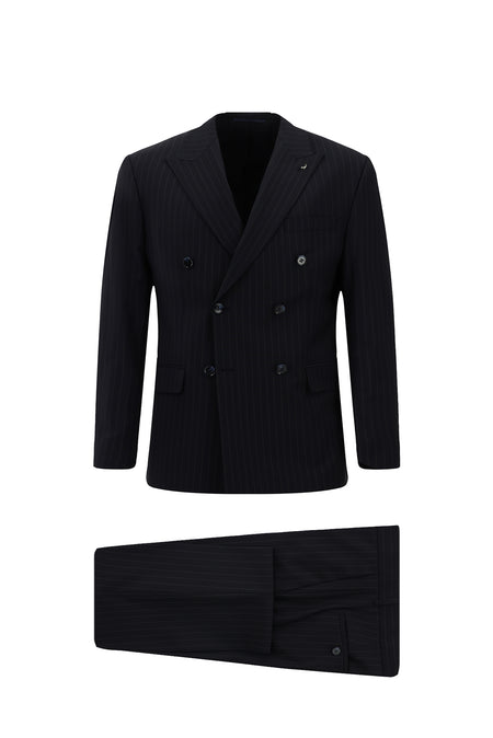 Siyah Lacivert Regular Fit Çantalı Flex Suit Yünlü Kruvaze Takım Elbise