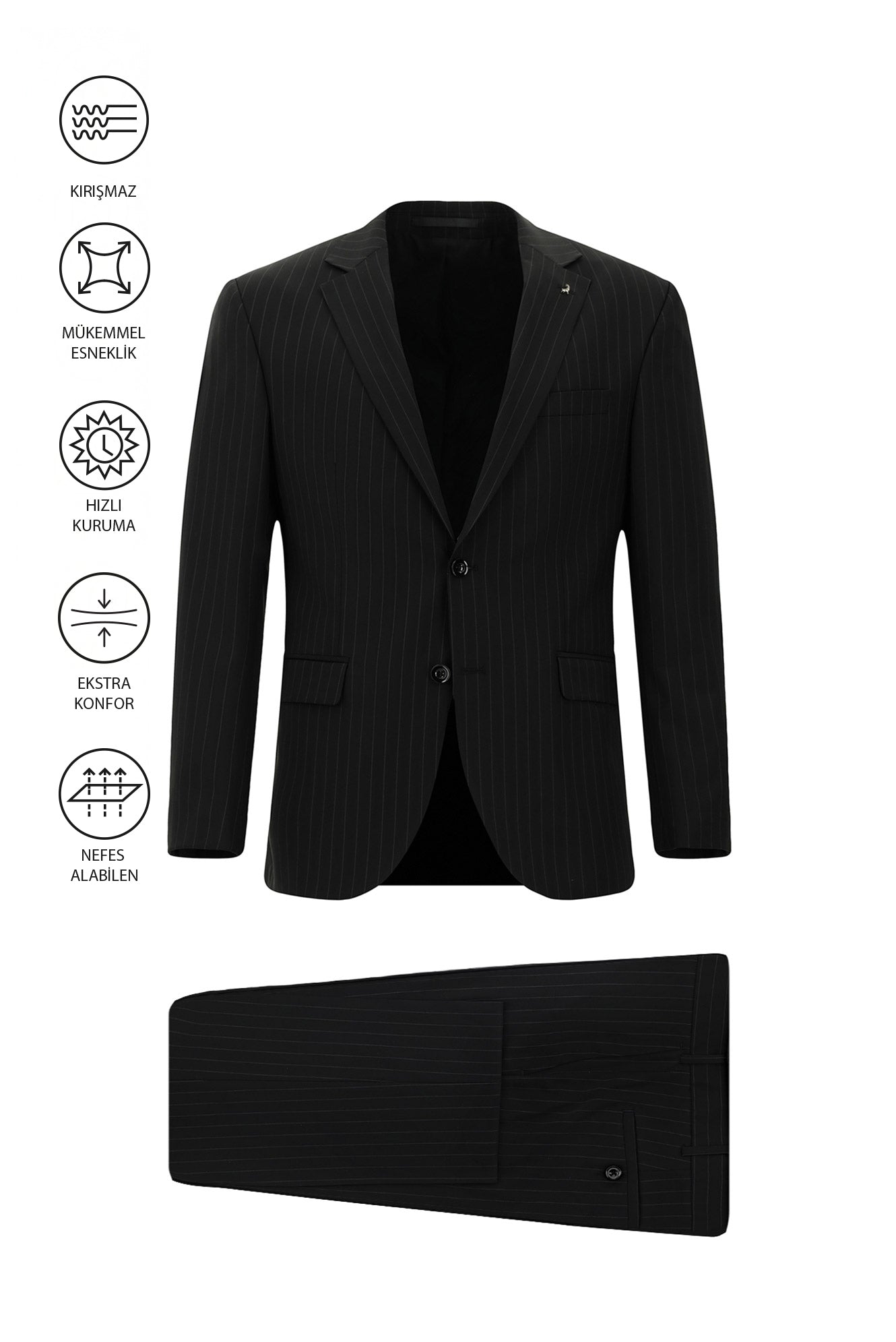 Siyah Çantalı Flex Suit Yünlü Çizgili Klasik Takım Elbise
