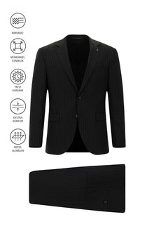 Siyah Çantalı Flex Suit Yünlü Çizgili Klasik Takım Elbise
