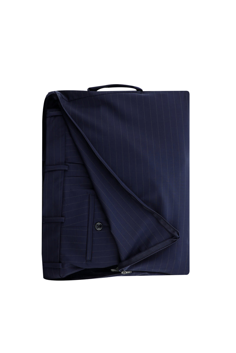 Koyu Lacivert Regular Fit Çantalı Flex Suit Yünlü Çizgili Klasik Takım Elbise