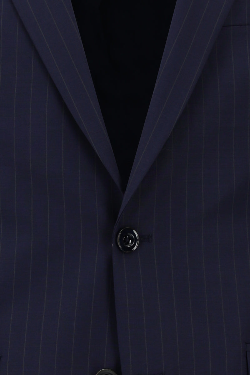 Koyu Lacivert Regular Fit Çantalı Flex Suit Yünlü Çizgili Klasik Takım Elbise