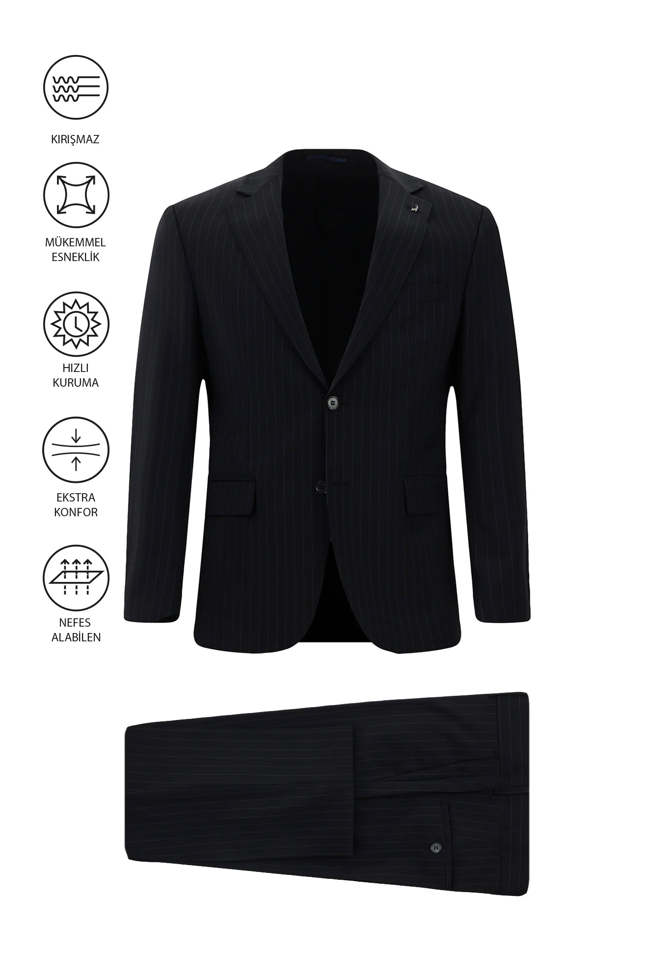 Siyah Lacivert Regular Fit Çantalı Flex Suit Yünlü Çizgili Klasik Takım Elbise