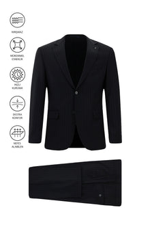 Siyah Lacivert Regular Fit Çantalı Flex Suit Yünlü Çizgili Klasik Takım Elbise
