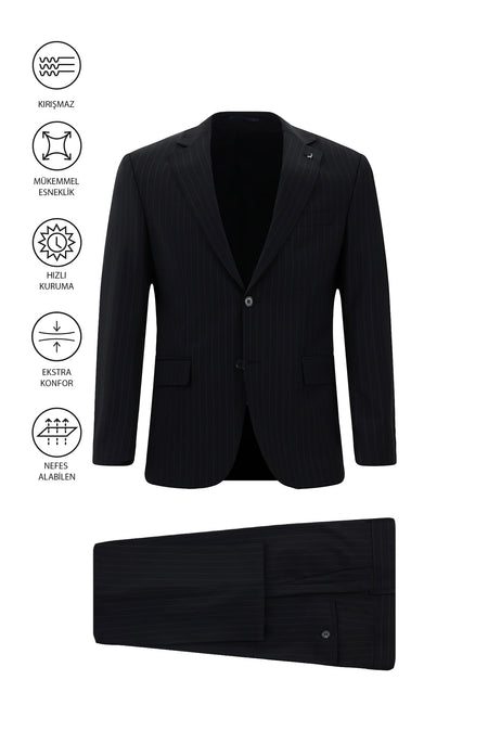 Siyah Lacivert Regular Fit Çantalı Flex Suit Yünlü Çizgili Klasik Takım Elbise
