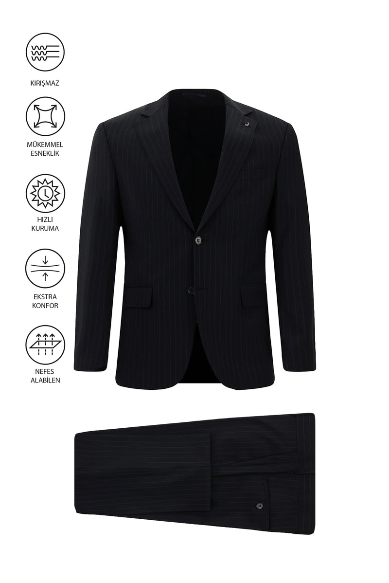Siyah Lacivert Regular Fit Çantalı Flex Suit Yünlü Çizgili Klasik Takım Elbise