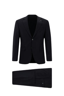 Siyah Lacivert Regular Fit Çantalı Flex Suit Yünlü Çizgili Klasik Takım Elbise