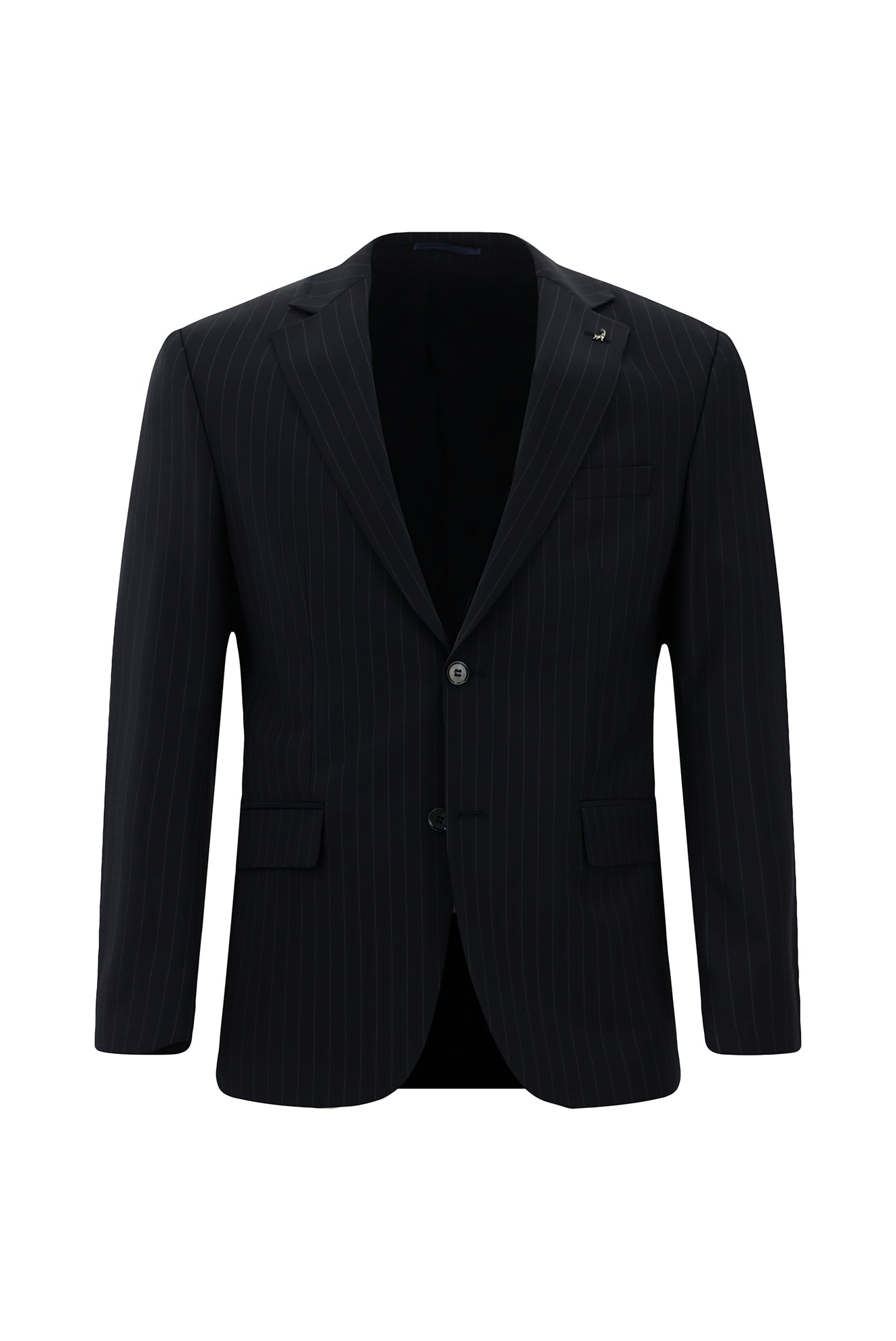 Siyah Lacivert Regular Fit Çantalı Flex Suit Yünlü Çizgili Klasik Takım Elbise